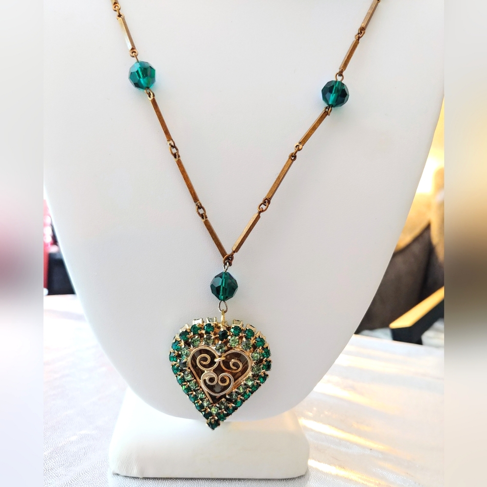 Exquisite Brass & Rhinestone Crystal Heart Watch Chain Necklace by HF Barrows